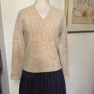 Vintage Due creations Shetland wool v neck cable knit sweater cream beige
